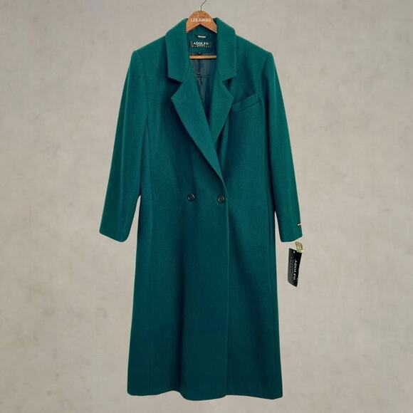 Vintage 90s NEW Adolfo Classics 100% Wool Green Double Breasted Long Coat 10 - Picture 1 of 14